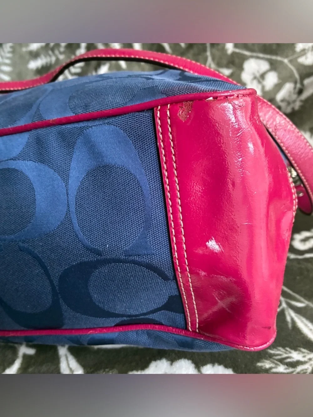 Coach Navy Signature shoulder Bag with Pink Leather Trim